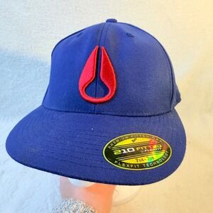 Nixon 210 Fitted Flexfit Hat Blue Red Logo Flat Brim Cap Mens Size 7 1/4 - 7 5/8